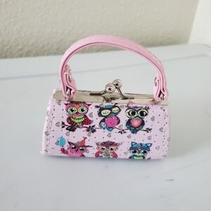 Tic Tok Pink Owl Print Mini Coin Purse Kiss Lock Glitter Heart Tiny Handbag